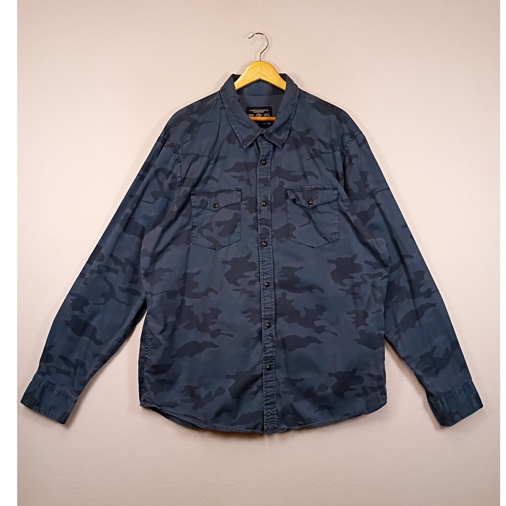 Gorpcore American Eagle Mens XXL Blue Camo Western Vintage Fit Button Down Shirt